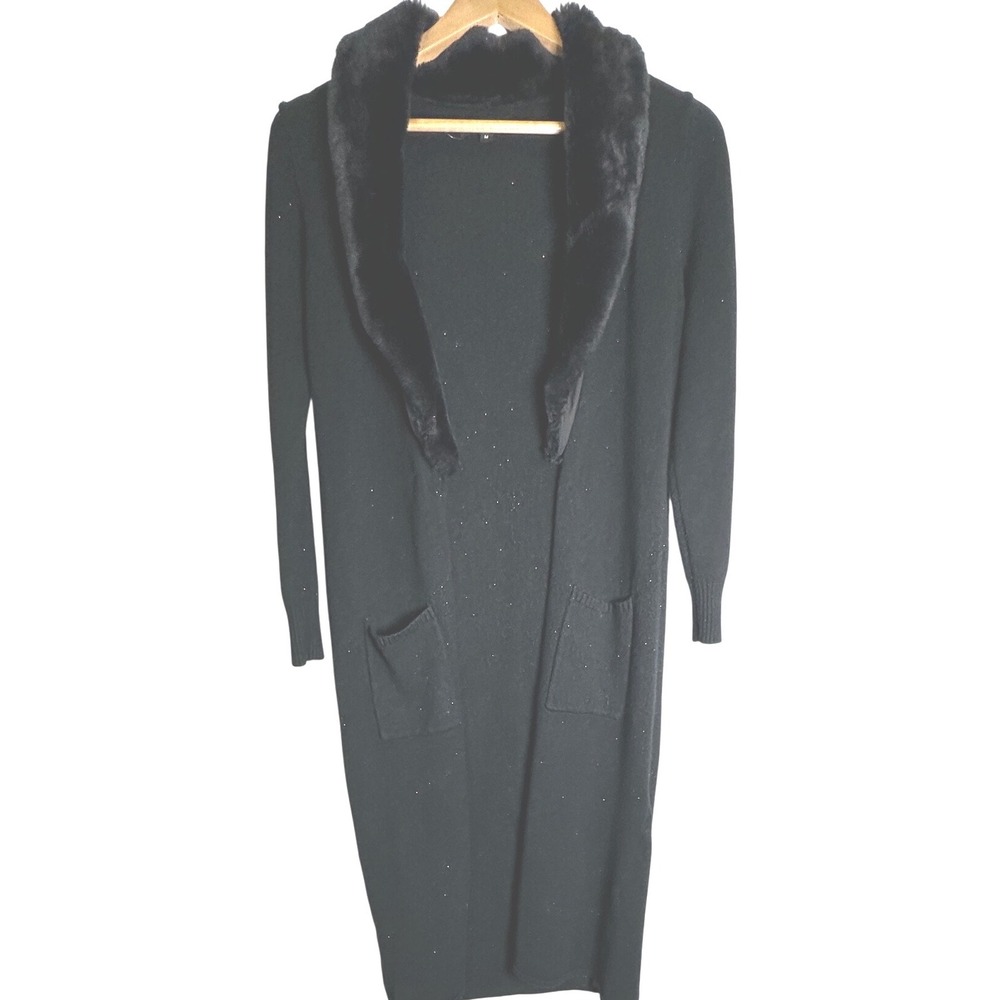 "On 12th" long knit cardigan open sweater faux fur collar M Goth Luxury Y2K BOHO